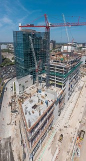Detroit, Michigan - Construction of the 25-story JW Marriott Detroit Water Square hotel. The