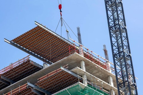 Detroit, Michigan - Construction of the 25-story JW Marriott Detroit Water Square hotel. The