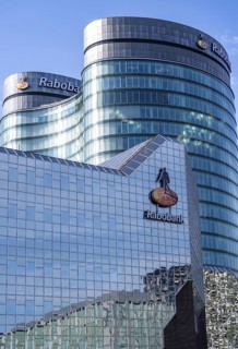 Reflecting facade of the Rabobank building at the central station, Utrecht Centraal, Netherlands