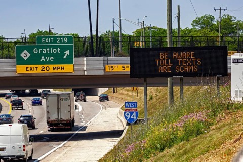 Detroit, Michigan - A message on an electronic road sign on Interstate 94 warns drivers about