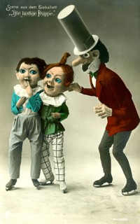 Ice ballet, 1920s, Three figures with oversized heads stand together in a comic scene, historical