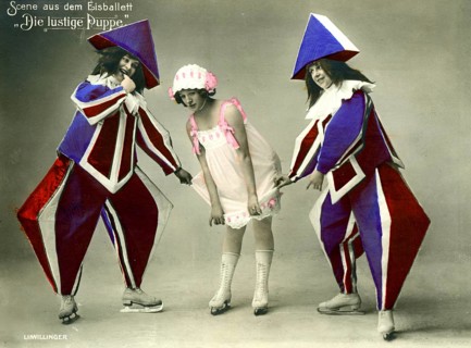 Ice ballet, 1920s, performers in eye-catching costumes interacting with a performer on skates,