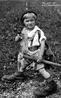 Mountaineering Nebelhorn, 1930s, A young boy in traditional clothing, equipped for mountaineering,