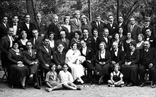 Armenian wedding, 1930s, Large family at a formal occasion in a forest, many people in elegant