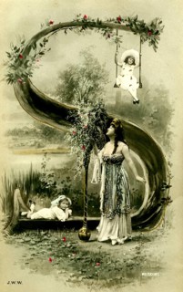 Woman with 2 children 1910, Two girls, one swinging high, surrounded by lush vegetation in a
