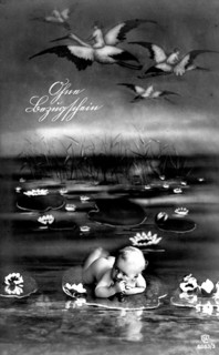 Baby lying on a leaf, 1910, A baby lies on a water lily among flying storks in a surreal