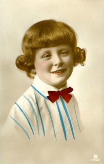 Portrait of a girl, 1920, girl in a striped shirt with a red bow, friendly and warm smile,