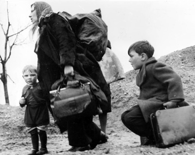 Mother and children with a lot of luggage, refugees displaced persons ca. 1946, A mother with two