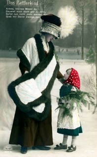 Wealthy woman meets begging child, 1910s, A woman in fur and a child in a red headscarf stand on a