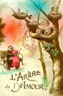 Babies in a tree, 1910, An artistic tree with lovers and children in nests, radiates a romantic