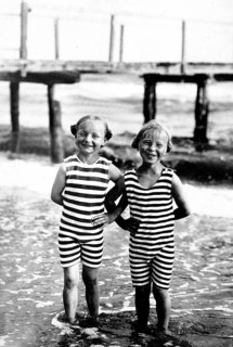 Two girls, striped swimming costume, swimwear, 1920s, Two children in striped swimming costumes on