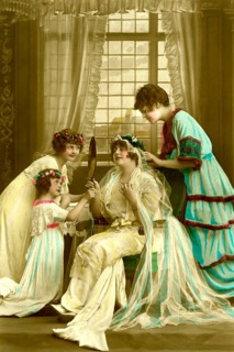Bride bridesmaids, 1910s, woman and a girl in historical dress with mirror in an elegant room with