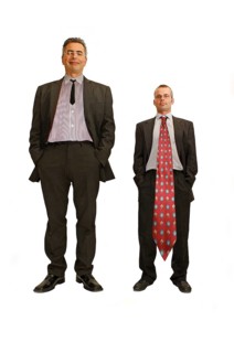 Businessman, two, funny, tall and short, suit and tie, Berlin, Germany, Two men in suits standing