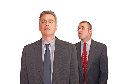 Businessman, two, grimace, suit and tie, Berlin, Germany, Two men in suits, one makes a humorous
