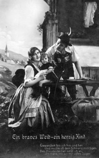 Young Bavarian family, 1920s, A family in traditional traditional costume on a terrace with an