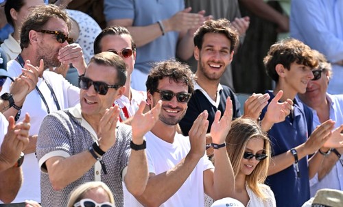 From left, actor Mark Keller, presenter Kai Pflaume, Mats Hummels with girlfriend Nicola Cavanis,