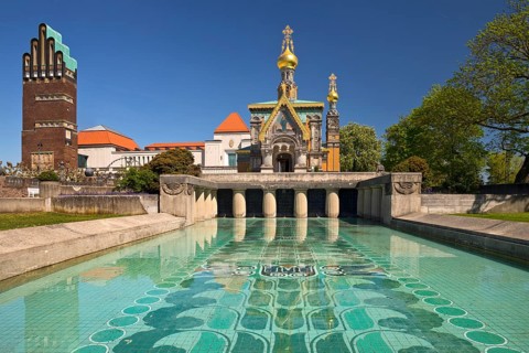 Wedding Tower, Russian Chapel and Lily Basin, Mathildenhöhe, UNESCO World Heritage Site, Darmstadt,