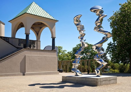 Stainless steel sculpture entitled Points of View by Tony Cragg in front of the exhibition