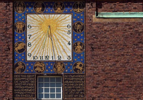 Sundial by Friedrich Wilhelm Kleukens on the Wedding Tower, south side, Mathildenhöhe, UNESCO World