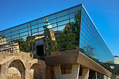 West side of the Darmstadtium congress centre with historic city wall in the centre of Darmstadt,