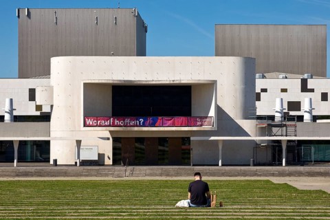 Georg-Büchner-Platz, concrete strip and grass strip with state theatre, public square, Darmstadt,