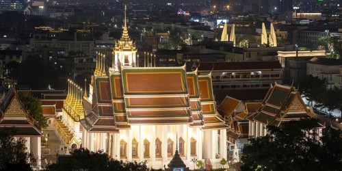 Panorama after sunset from Golden Mount to Wat Ratchanatdaram Worawihan and the Democracy Monument