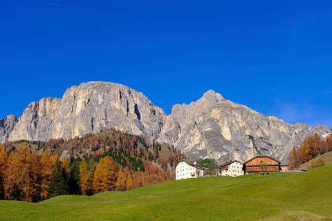 Farmhouses under the Sassongher, near Colfosco, Alta Badia, Val Badia, Dolomites, South Tyrol,