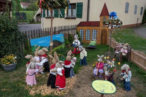Easter bunnies made by kindergarten children, Leinburg, Middle Franconia, Bavaria, Germany