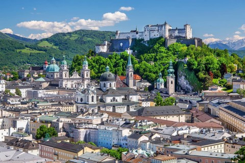 Panoramic view from the Mönchsberg with the churches of the old town and Hohensalzburg Fortress,