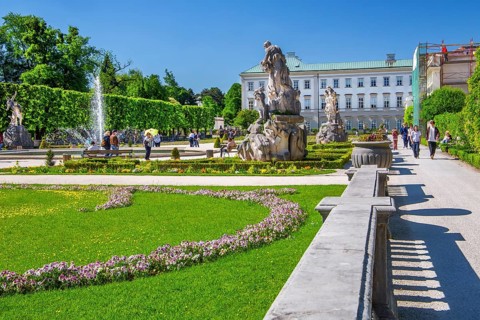 Fountain in Mirabell Gardens with Mirabell Palace, Salzburg, Salzach Valley, Salzburg Province,