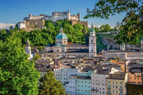 Panoramic view from the Kapuzinerberg to the historic city centre with Hohensalzburg Fortress,