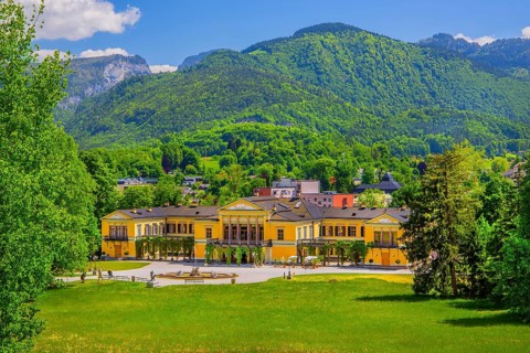 Imperial park with imperial villa in spring, Bad Ischl, Trauntal, Salzkammergut, Upper Austria,