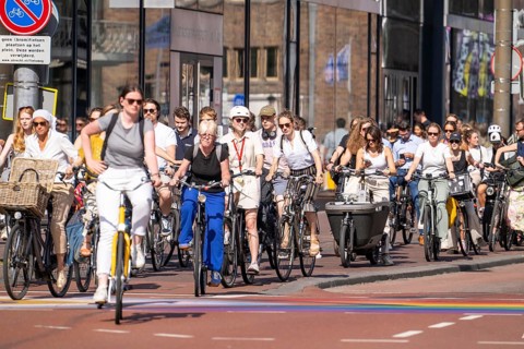 Central cycle path along the Vredenburg, in the city centre of Utrecht, lanes for pedestrians,