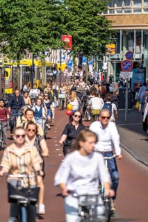 Central cycle path along the Vredenburg, in the city centre of Utrecht, lanes for pedestrians,