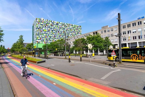Rainbow cycle path through the university campus in Utrecht Science Park, 570 metres long, Utrecht