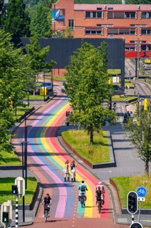 Rainbow cycle path through the university campus in Utrecht Science Park, 570 metres long, Utrecht