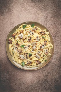 Fettuccine with champignons, basil, in cream sauce, homemade, no people