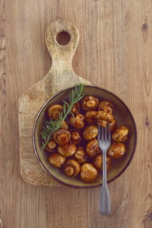 Fried mushrooms, with spices, in soy sauce, vegetarian food, homemade, no people