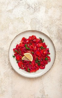 Salmon gravlax with beetroot, Scandinavian snack, beet gravlax, lightly salted fish, homemade, no