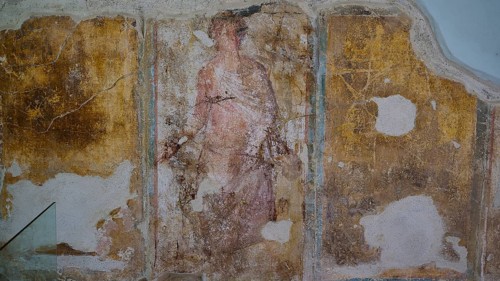 ©Udo Rein, Faded antique wall painting of a figure in warm colours, Casa Romana, Kos Town, Kos,