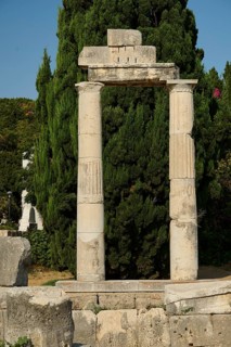 ©Udo Rein, Stone columns and ruins, surrounded by lush vegetation and a large tree, Temple of