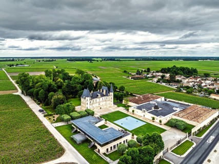 Chateau Pichon Longueville Baron Vineyard and grape fields around Pauillac from a drone, Bordeaux,
