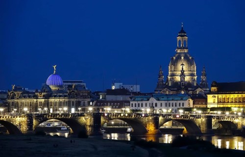 Dresden at the blue hour, view of the Church of Our Lady, art academy and Augustus Bridge, June,