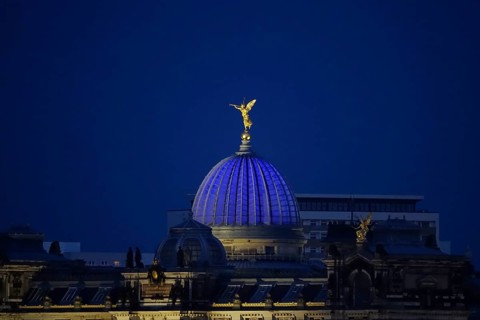 Dresden at the blue hour, view to the art academy, June, Saxony, Germany