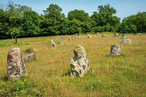 Stones in the shape of a ship in the Ängakåsen burial field from the Bronze Age in Kivik,