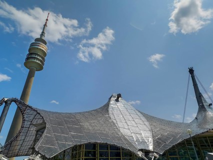 Roof construction of indoor swimming pool, Olympic Tower, Olympic Park, Munich, Bavaria, Germany