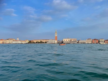 View over the lagoon to Venice with St Mark's Tower, lagoon city of Venice, Veneto, Italy
