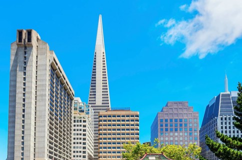 View of downtown financial district seen from Portsmouth square, San Francisco, California, USA