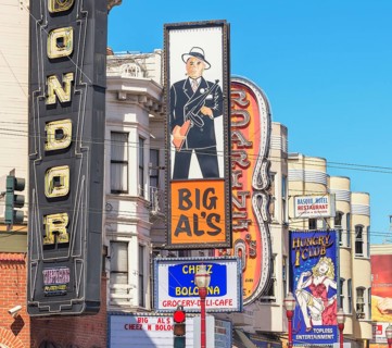 Billboards on buildings in North Beach district, San Francisco, California, USA