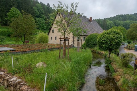 Former corn mill with mill stream, Großenohe, Upper Franconia, Bavaria, Germany